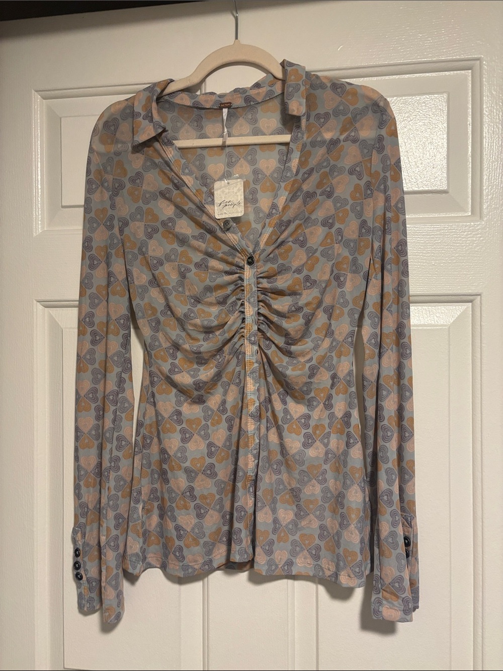 Free People Beige and Light Blue Heart-Print Ruched Button-Down Top